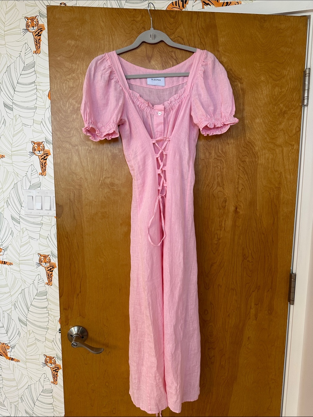Sleeper Pink Lace-Up Puff Sleeve Maxi Dress